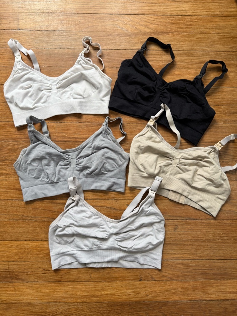 Lot of 5 Seamless Nursing Bras - Black, White, Gray, and Cream